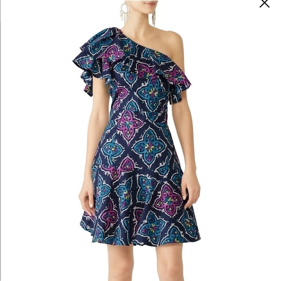 Josie Natori Festive Blue Paisley Retro Floral One Shoulder Women 4 Ruffle Dress - Picture 8 of 14